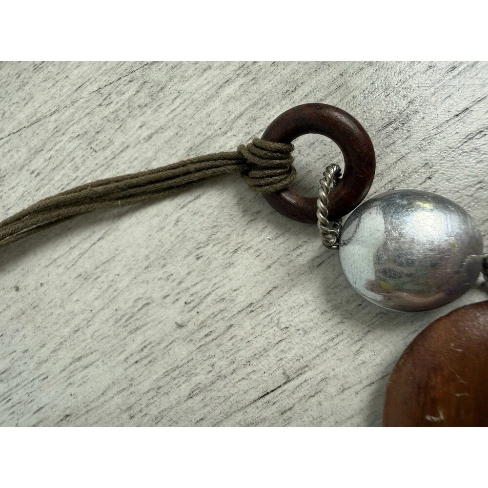 Chunky Round Wood Disc & Textured Silver Statement Necklace Rope Cord Boho